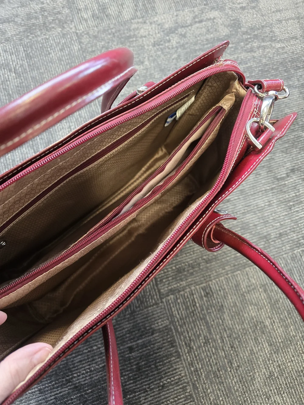 Sleek Red McKlein Leather Laptop Tote with Top Handles and Shoulder Strap